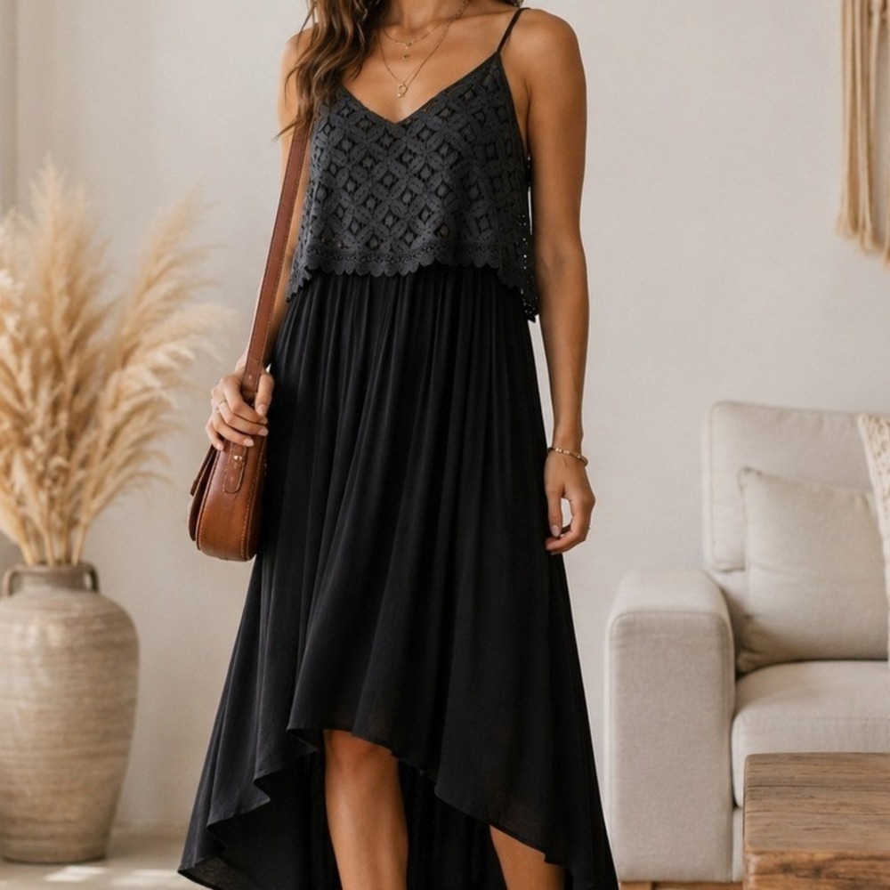 No Boundaries Black Lace Overlay High Low Dress XL 15-17 Boho Festival Western